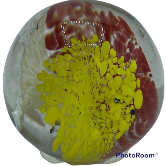 Handcrafted Vintage Glass Paperweight Intricate Yellow Red White Floral Design - Picture 3 of 4